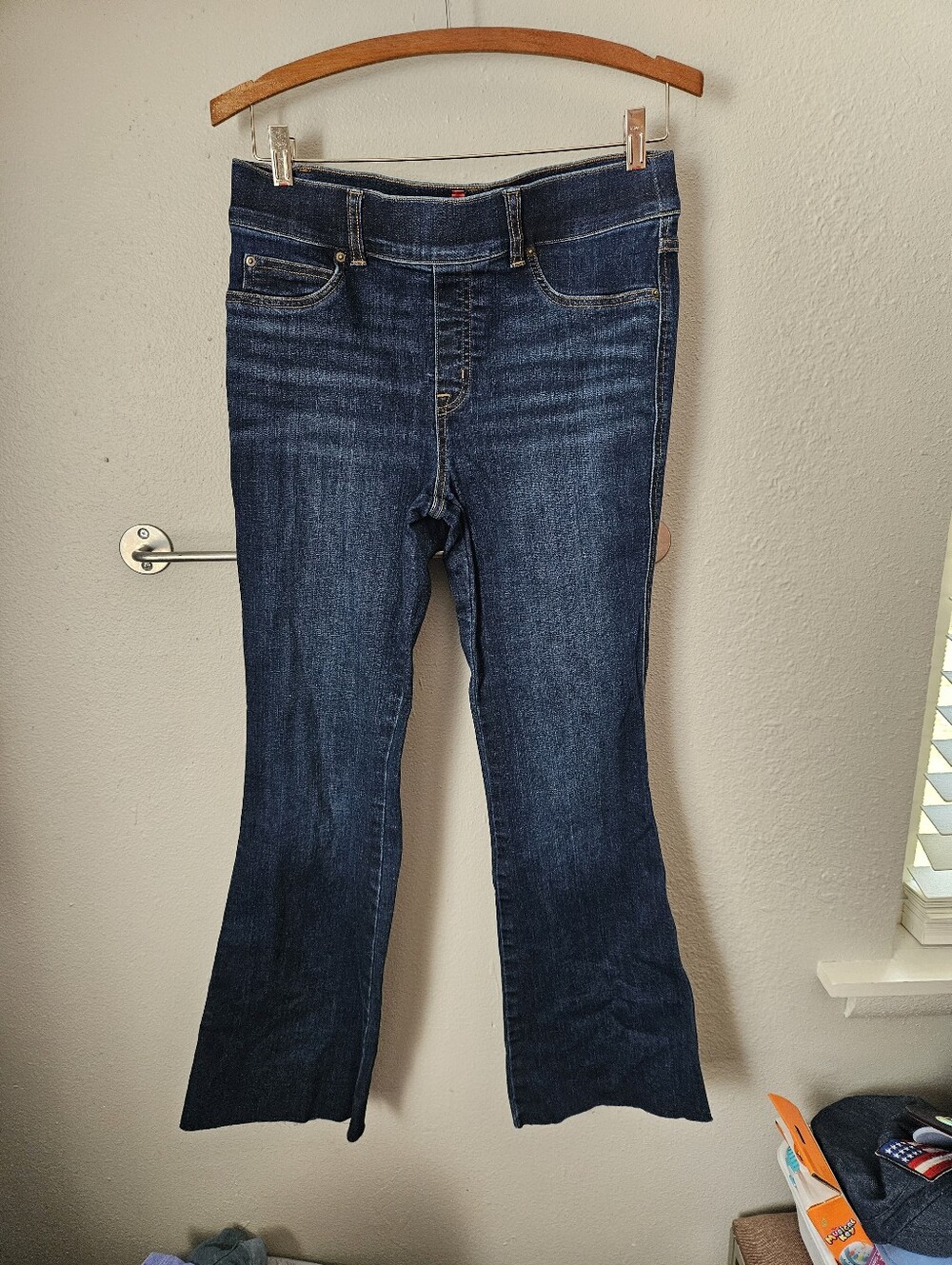 SPANX Dark Wash Flare Pull On Stretch Shaping Jeans Medium Petite Cutoff